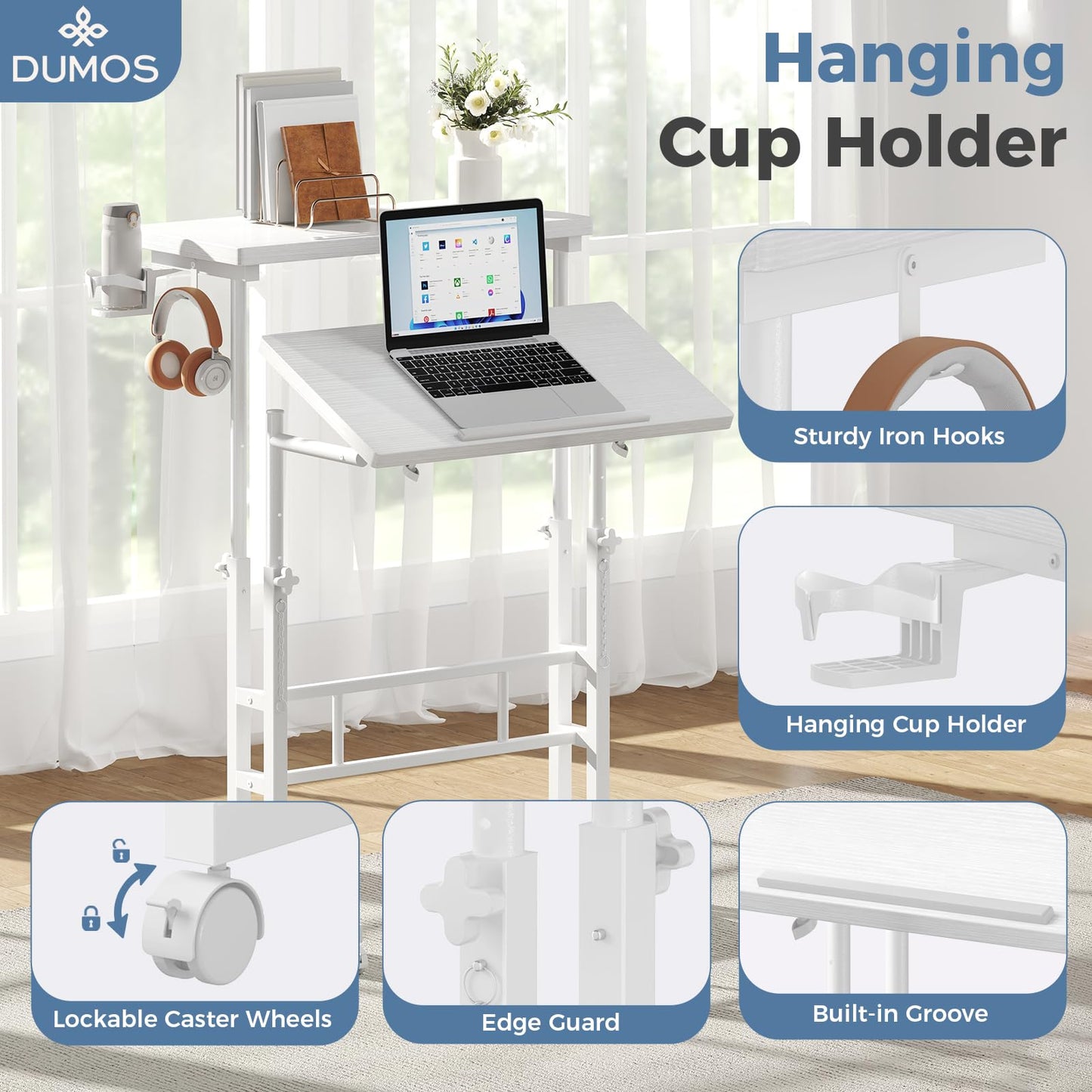 DUMOS Split Top Rolling Standing Desk 23.6 Inch Mobile Laptop Workstation Manual Height Adjustable Sit Stand Office Table Walking Pad Study Surface Portable Home Office Computer Cart White