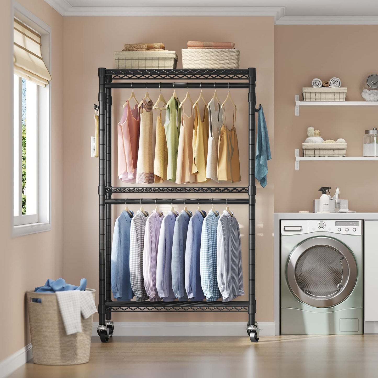 VIPEK R2 Medium Rolling Clothes Rack Heavy Duty Clothing Rack for Hanging Clothes Adjustable Metal Wire Shelving Portable Closet with Wheels Side Hooks, Freestanding Closet Wardrobe, Black