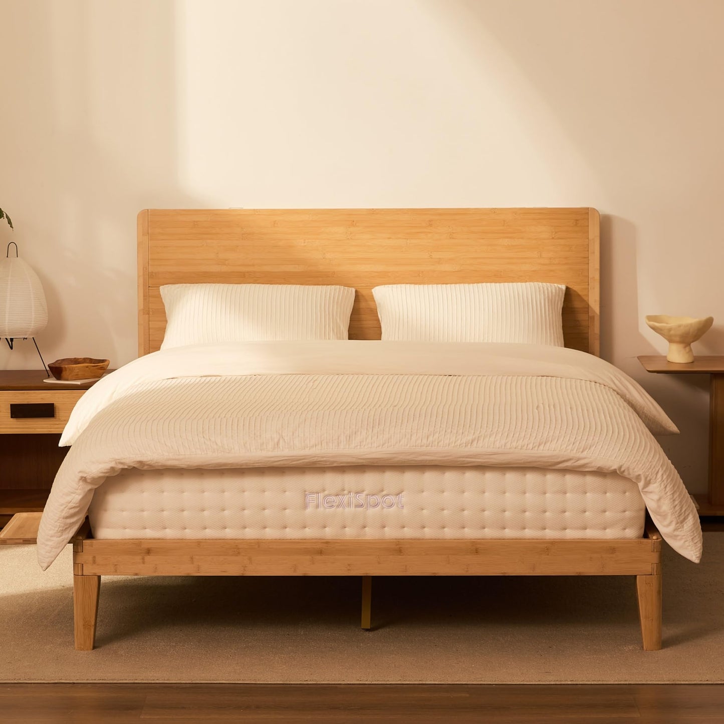 FLEXISPOT Hako G4 Queen Bamboo Platform Bed Frame with Charging Storage Headboard, Japanese Joinery Bed Frame, Built-in Night Light, Minimalist Style, Quick Assembly, 1300 lbs Capacity, Natural
