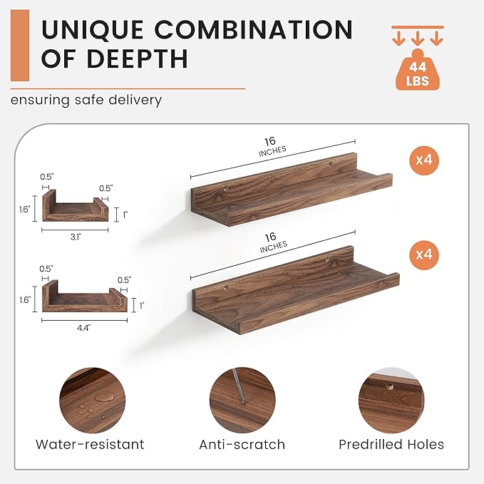 Floating Picture Ledge Shelves Set of 8, 16 Inch Shelves