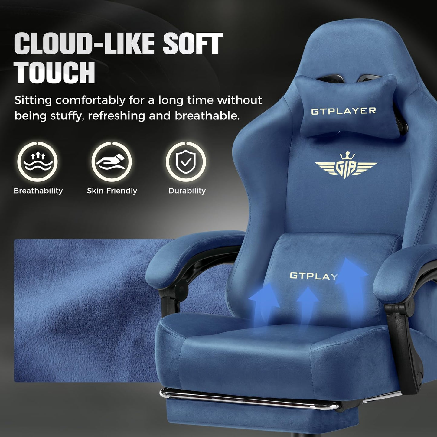 GTPLAYER Big and Tall Gaming Chair 400lbs Heavy Duty Office Chair with Foot Rest, High Back Pocket Spring Ergonomic Computer Chair for Adults, Wide Comfy Seated Cushion with Linkage Armrests, Blue