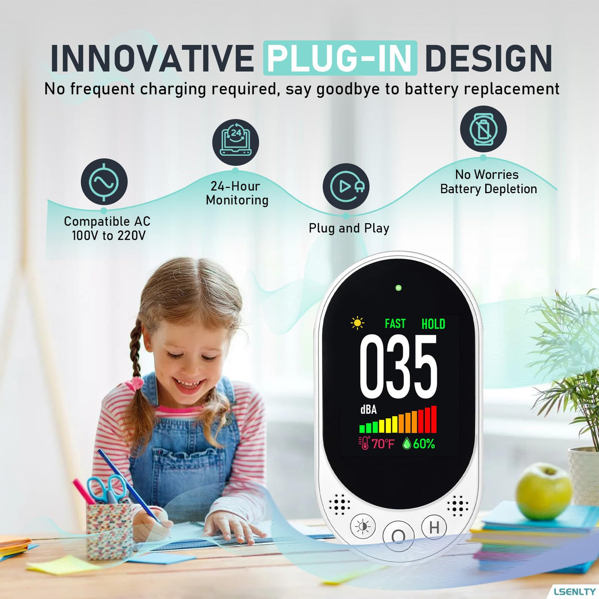 LSENLTY Decibel Meter Plug-in Wall, 30-130dBA Sound Level Meter, Data Hold&Max/Min&Fast/Slow Response 3-in-1 Noise Detector(TEM&Humidity), A-Weighted Noise Measuring Device for Classroom Home Library