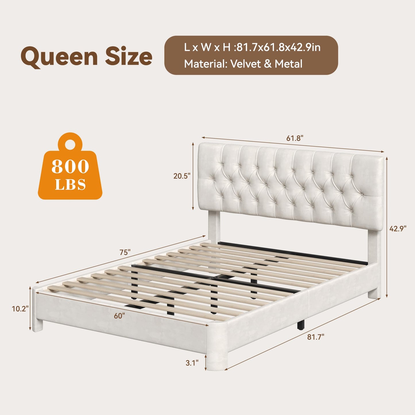 Queen Size Bed Frame with Headboard, Luxury Velvet Fabric Upholstered Bed frame with Button Tufted Design, Strong Wooden Slats Support - Low & Sturdy, Noise-Free, No Box Spring, Easy Assembly, Beige