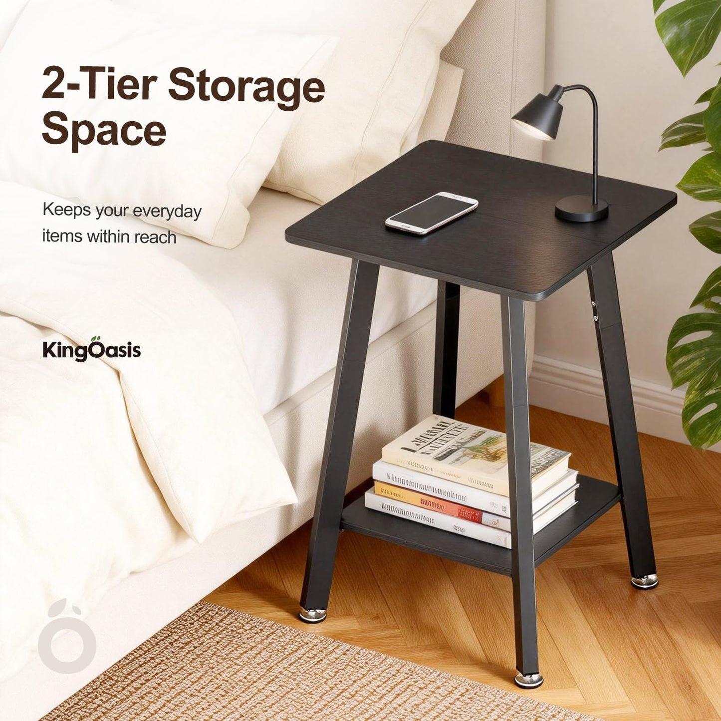 King Oasis 2-Tier Small Side Table for Living Room, End Table with Storage Shelf, Wood & Metal Bedside Table Nightstand for Small Spaces, Sturdy Sofa Side Table for Bedroom, Matte Black 2pcs