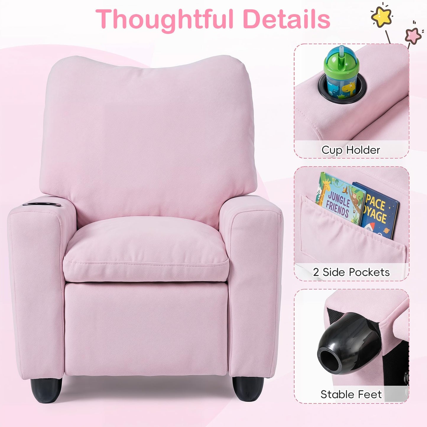 Costzon Kids Recliner Chair with Cup Holder, Toddler Adjustable Lounge Chair w/Footrest for Boys Girls Room, Ergonomic Baby Child Furniture Sofa for Age 3+ Gifts, Kids Mini Recliner up to 150 lbs