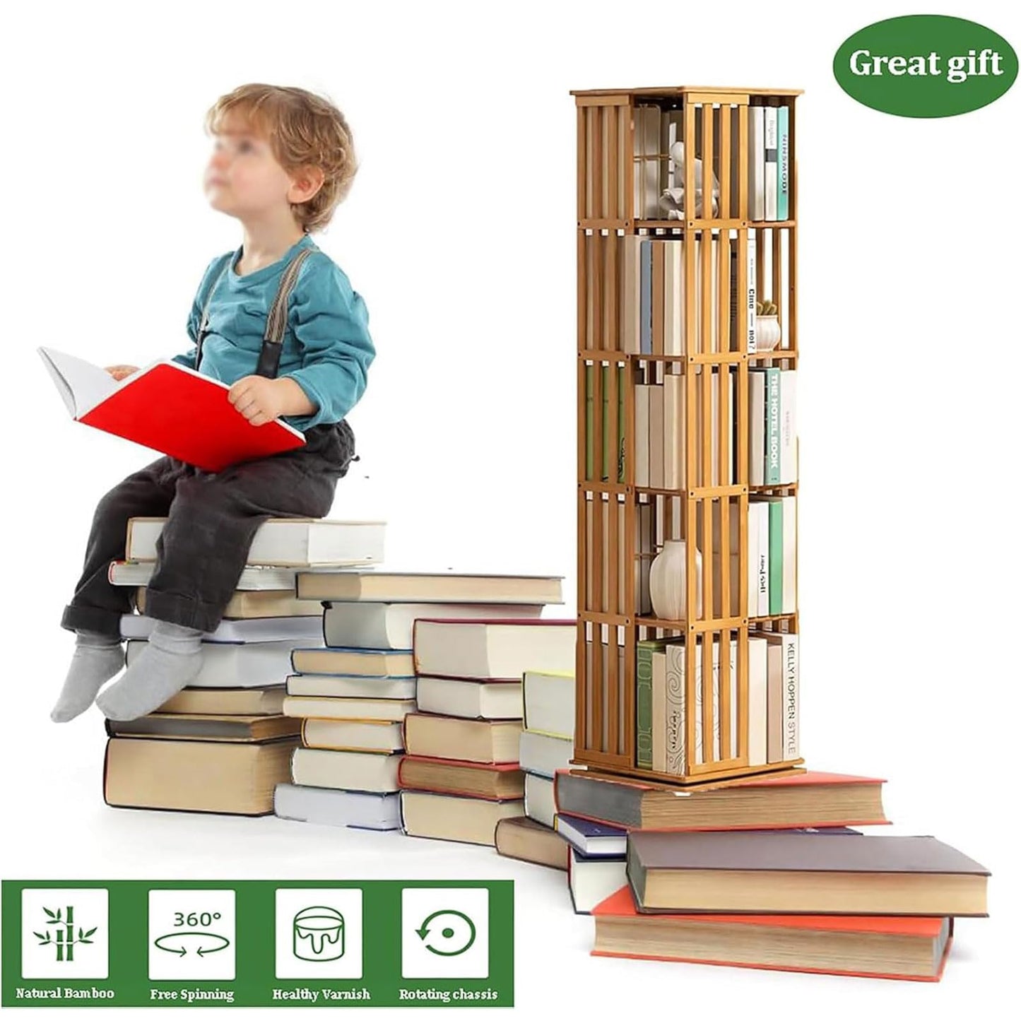 DISERTIED 360° Rotating Display Wood Spinning Bookshelf Multilayer Storage Display Rack Bookshelves for Home Living Room Study Office Turntable Organizer
