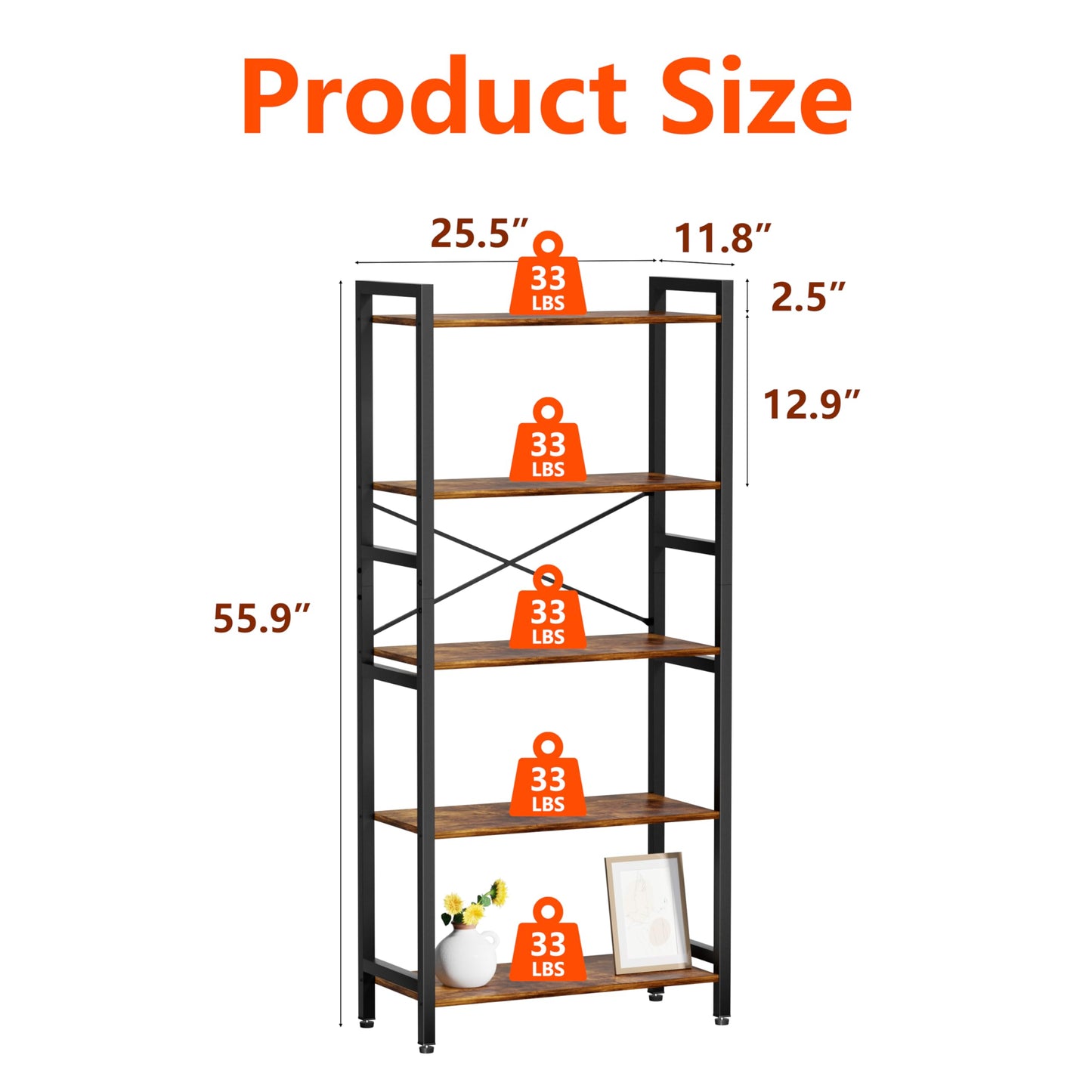 NewBeth 5 Tier Bookshelf,Storage Shelf with Steel Frame,Free Standing Open Book Shelves Storage Display Shelf