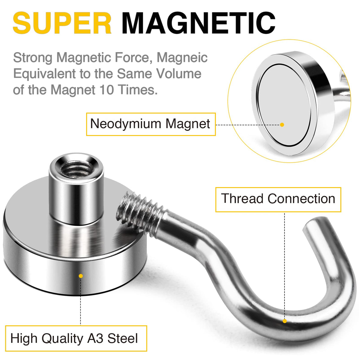 DIYMAG Magnetic Hooks for Refrigerator, Extra Strong Cruise Hook, Heavy Duty Earth Magnets with Hook for Hanging, Magnetic Hanger for Cabins, Grill (45P-Silver)