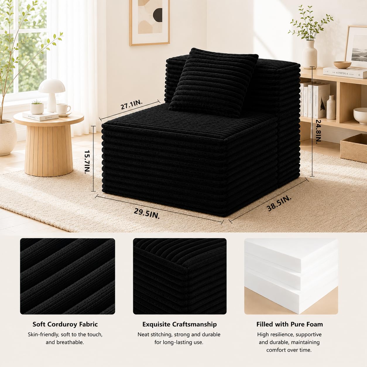 TIRUSS Black 38.58'' Armless Middle Modular Sofa Module, Boneless Fluffy Corduroy Cloud Chair, Detachable Sectional Couch Seat for Living Room Small Spaces