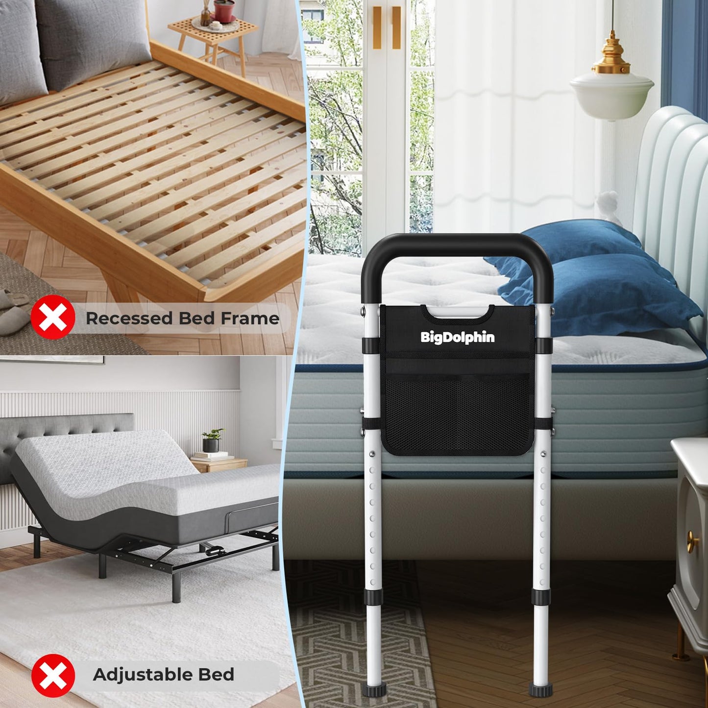 BigDolphin Bed Rails for Elderly Adults Safety - ASTM Approved, 350 LBS Capacity, Tool-Free Assembly, Non-Slip Ergonomic Handle with Storage Pocket, Safe Bed Rails for Seniors