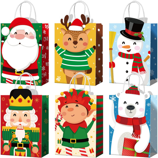 Funrous 18 Pack 36 Pack Christmas Gift Bags 6 Designs Christmas Kraft Paper Bags Xmas Treat Goodie Favors with Handles for Winter Holiday Snacks Gift Party Supplies, 8.6 x 6.3 x 3.2 Inch