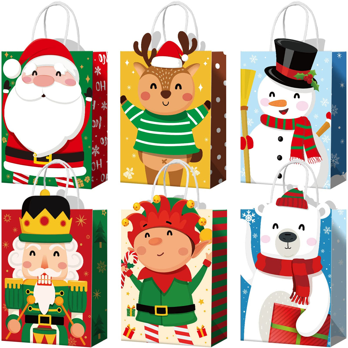 Funrous 36 Pack 36 Pack Christmas Gift Bags 6 Designs Christmas Kraft Paper Bags Xmas Treat Goodie Favors with Handles for Winter Holiday Snacks Gift Party Supplies, 8.6 x 6.3 x 3.2 Inch