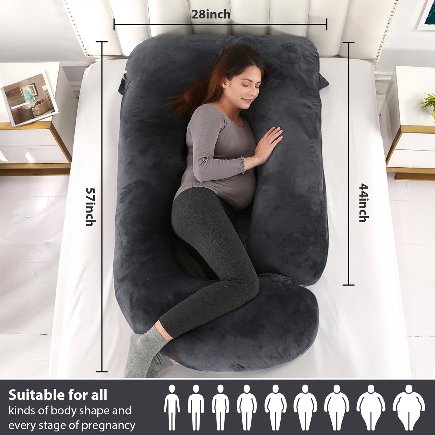 BATTOP Pregnancy Pillows for Sleeping, Full Body Maternity Pillow for Side Sleeping, Support for Back, Legs, Belly, Hips, 57 Inch Pregnancy Pillow with Removable Cover, Black