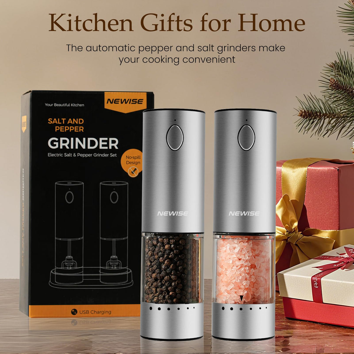 Electric Salt and Pepper Grinder Set - Acacia Wood Base, Rechargeable & Automatic Pepper Mill with LED Lights, Adjustable Coarseness, 95ml Large Capacity for Kitchen
