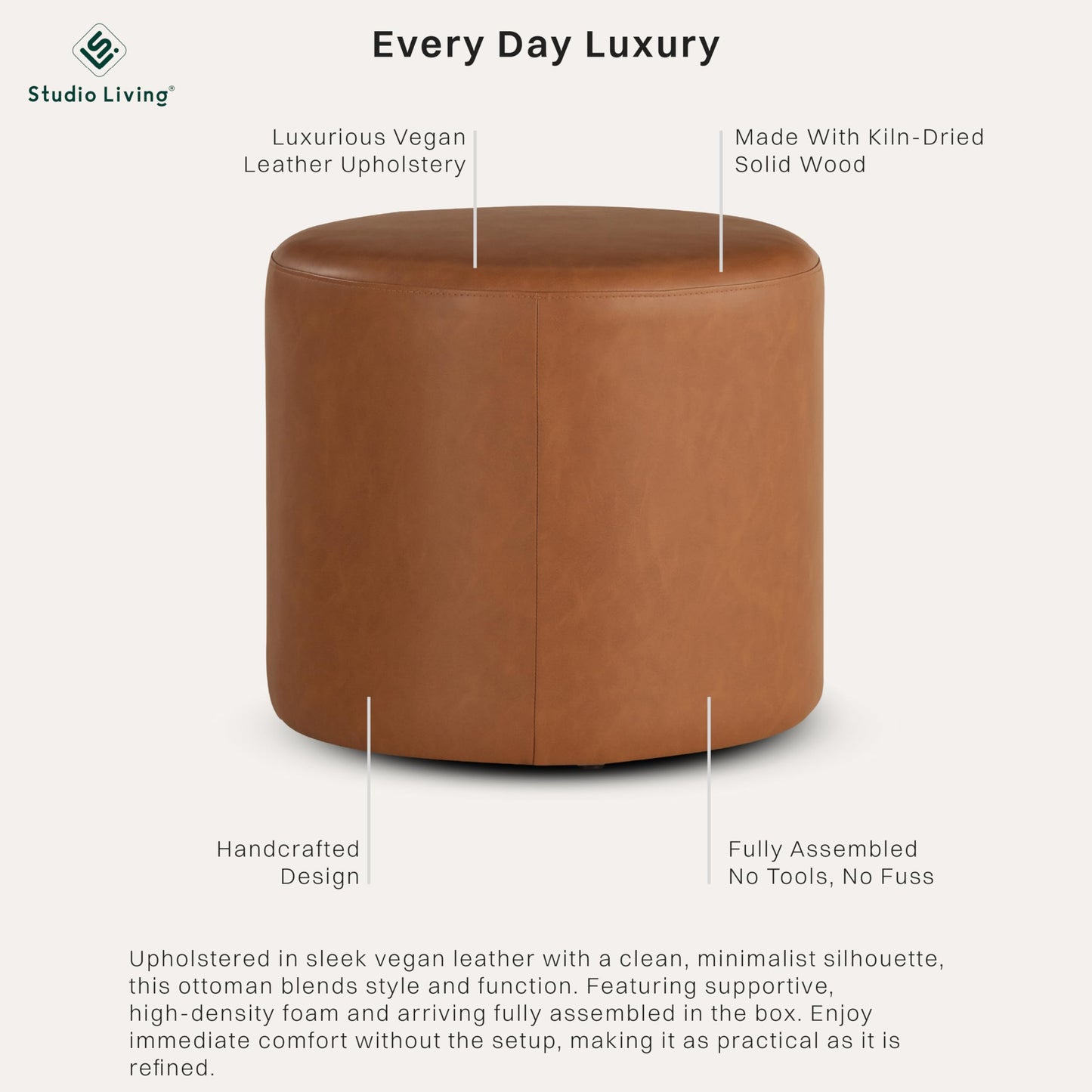 Lifestyle Solutions 19” Wentworth Ottoman Round Faux Leather Bench, Stationary Ottomans, Backless Chair, Footrest for Living Room, Footstool Office, Bedroom, Padded Seat, Caramel Brown