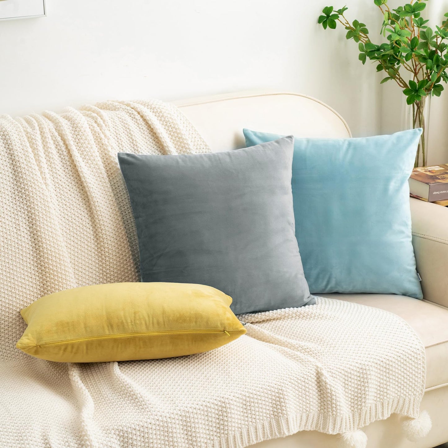 HWY 50 Gray Grey Velvet Throw Pillow Covers 18x18 Inch, Pack of 2 Soft Cozy Solid Decorative Luxury Cushion Cases for Couch Sofa Bed Living Room Bedroom