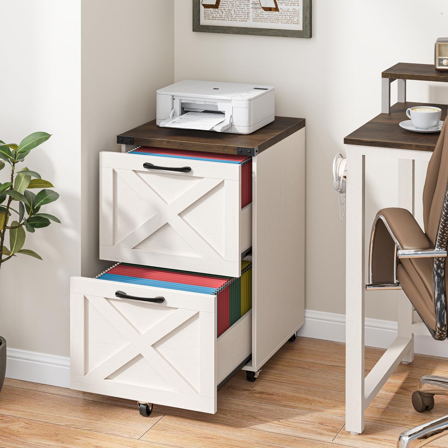 Halitaa 2 Drawer Small File Cabinet with Wheels, Farmhouse Vertical Filing Cabinet Fits A4/Letter Size, Under Desk Rolling File Cabinets for Home Office, Wooden Printer Stand, Rustic White