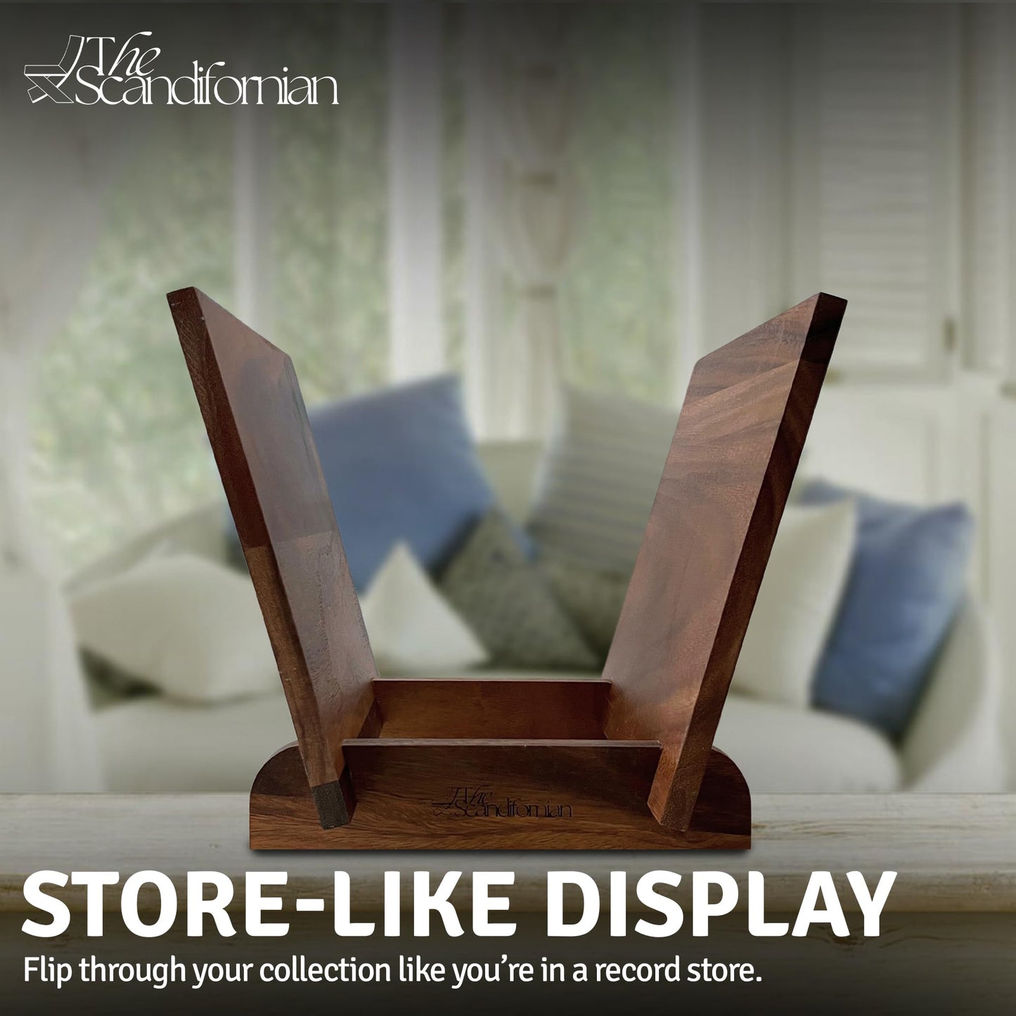 Natural Wood Vinyl Record Holder Shelf, Tabletop LP Storage Rack, Walnut Album Display, Vinyl Stand, Flip File Record Organizer Holds 25-40 LPs, Rustic Modern Album Storage Solution, Music Lover Gift