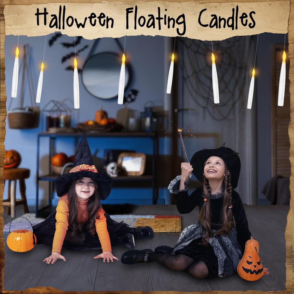 Floating Candles with Wand, 12 Pcs Magic Hanging Candles Halloween LED Taper Candles Battery Operated Floating Flameless Candles Floating Candles Hanging for Halloween Decorations