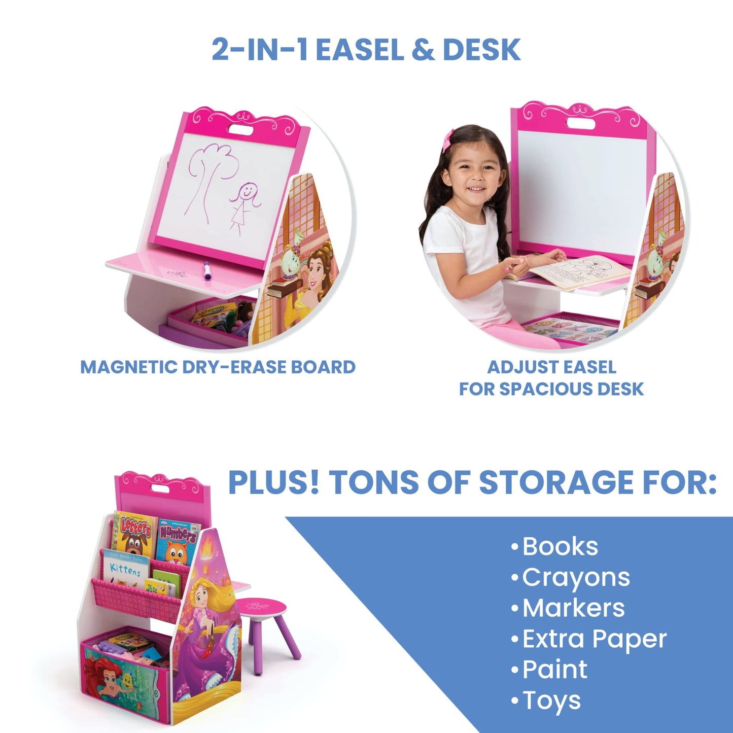 Delta Children Activity Center with Easel Desk, Stool and Toy Organizer, Disney Princess