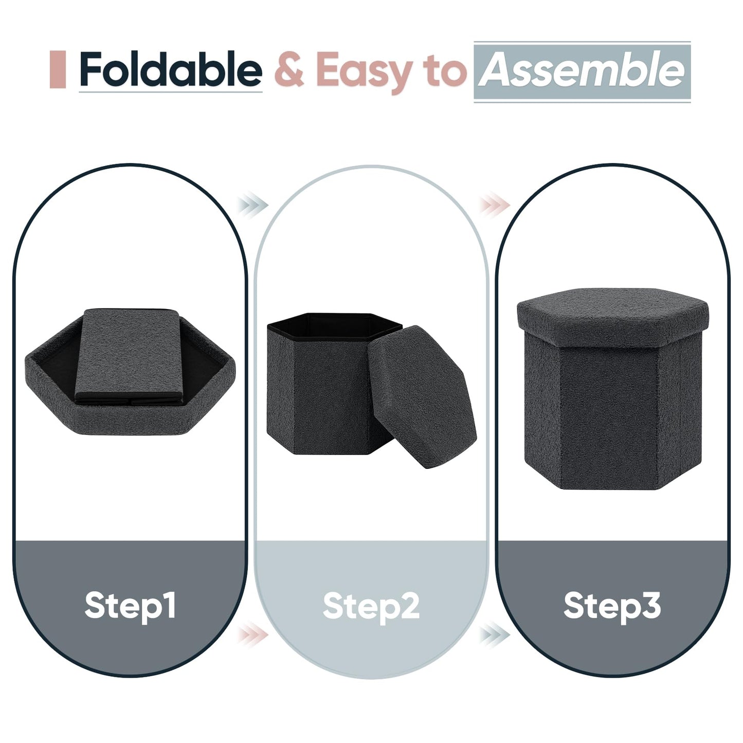 ZOLANOful Hexagon Storage Ottoman, Foldable Boucle Footrest with Hidden Storage, Upholstered Ottoman Footstool for Living Room, Bedroom, Dorm, Entryway, 15 x 16.9 x 15 Inches, Darkgrey