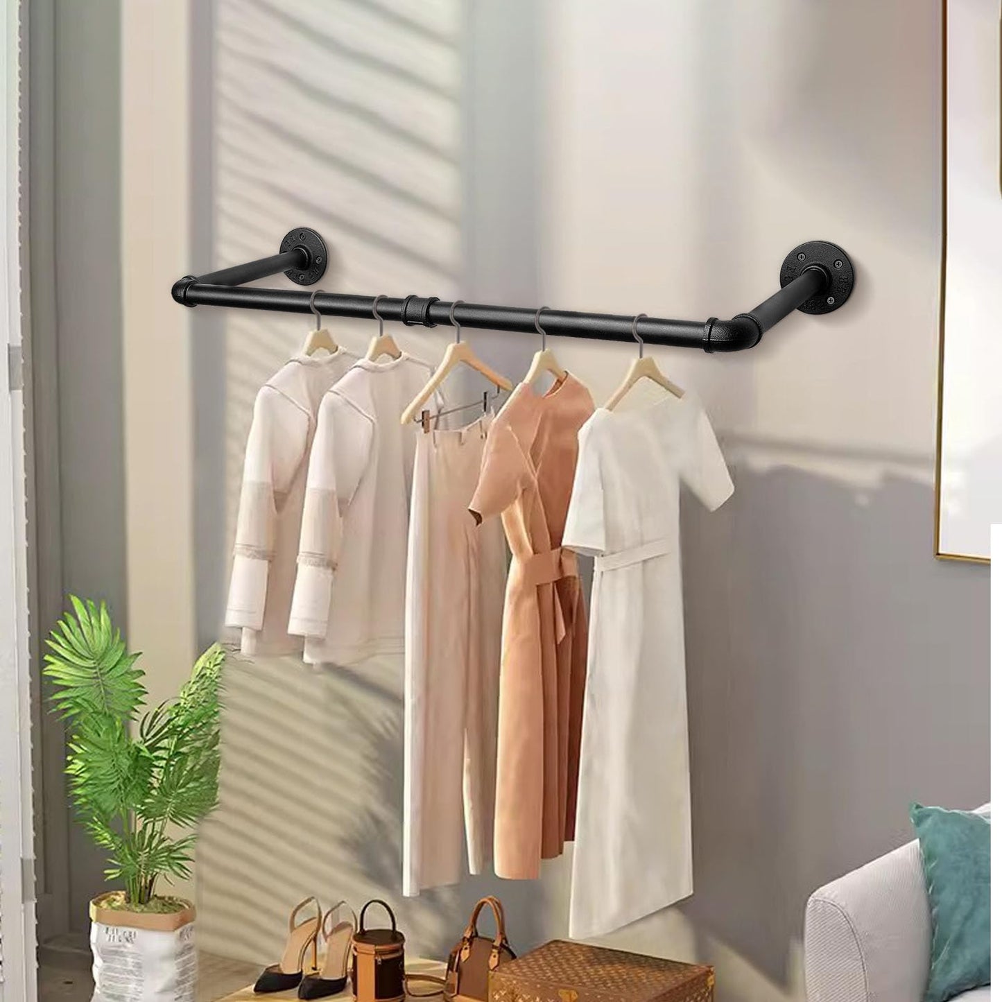 Jeasor Industrial Iron Pipe Clothes Hanging Bar DIY Wall-Mounted Garment Rack Heavy Duty Clothing Rack for Bedroom, Laundry Room, Closet Storage (Black 24 inch)
