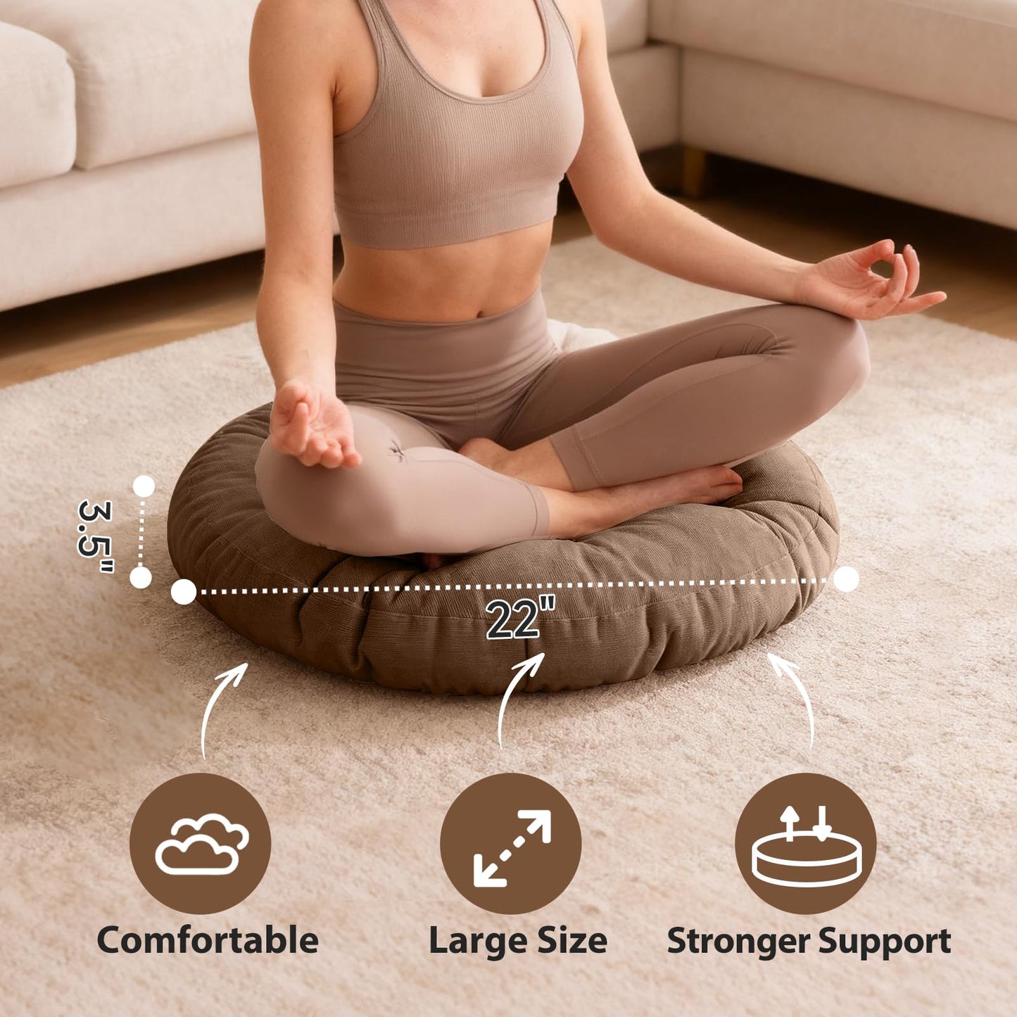 Tiita Round Floor Pillow Cushions 22"x22" Patio Chair Cushion for Outdoor Furniture Seat Pads Set of 2 Meditation Cushion for Yoga Living Room Sofa Balcony, Coffee