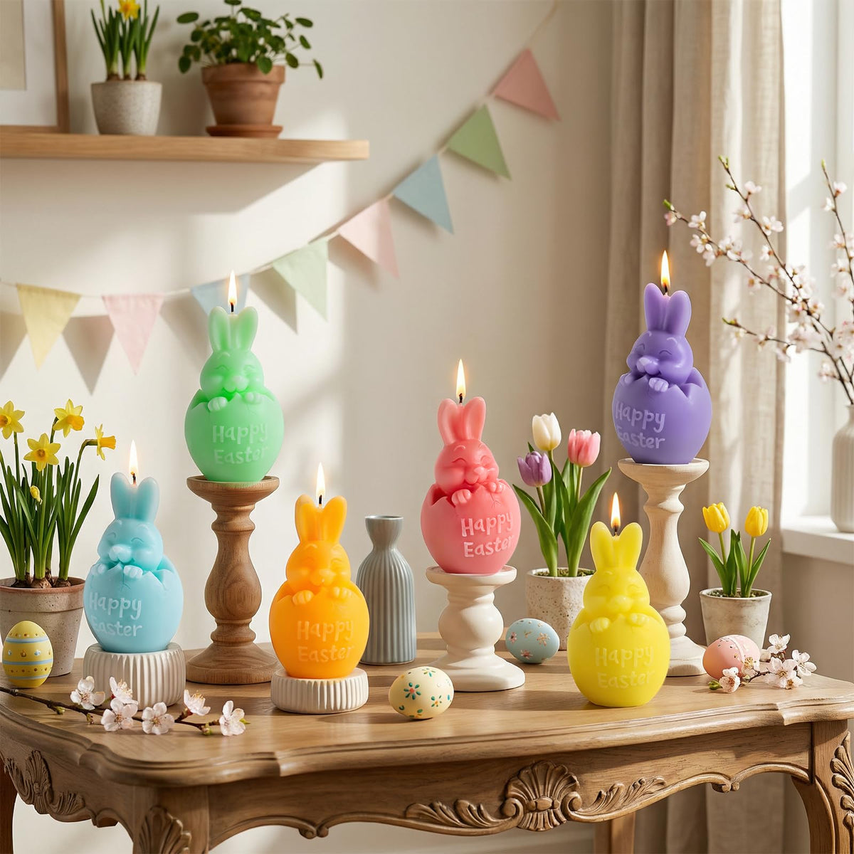 Lanpn 6 Pcs Easter Bunny Candles Gift Set, Mini Rabbit Shaped Votive Tea Lights, Easter Flower & Fruit Scented Candles, Each 4.4 oz, Spring Party Holiday Decor Home Table Centerpiece, Macaron Color