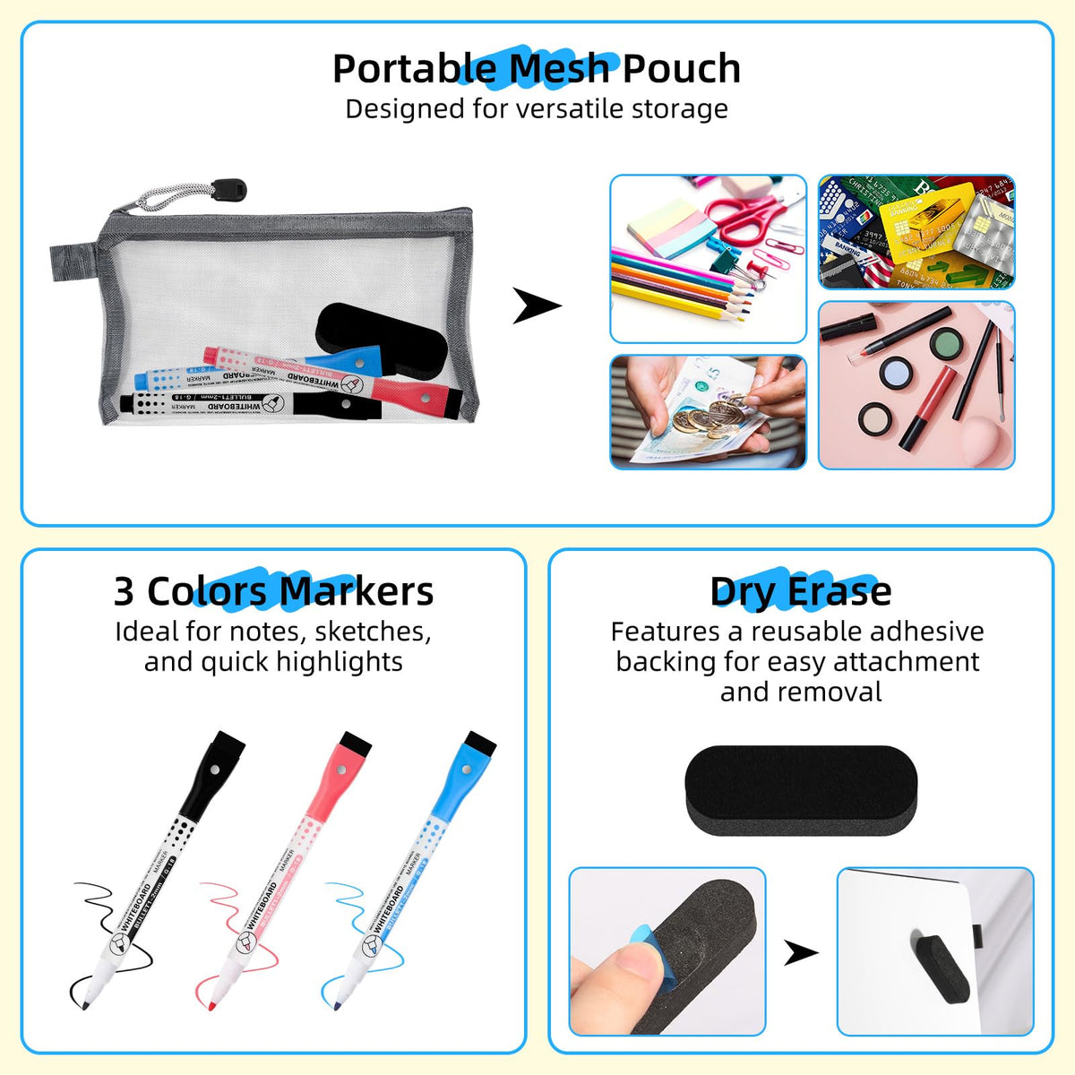 AGM Portable White Board Dry Erase Notebook, 8.4" x 6" Double Sided Folding Whiteboards with 3 Pens, Small Travel Dry Erase Board Skin-Friendly Material for Study, Meeting, Planning, Ocean Blue