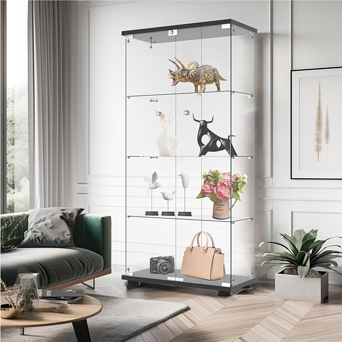 Display Cabinet with Glass Door and Lock, 4-Shelf Fast Installation in 30 Mins