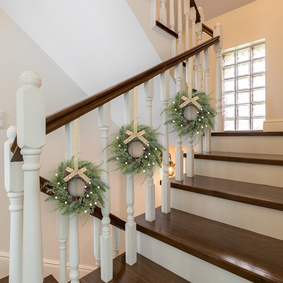 6 PCS Christmas Wreath Christmas Kitchen Cabinet Wreaths with Burlap Ribbon Mini Wreath Pine Garland Frosted Cedar Pine Cone Hanging Garlands Candle Rings for Front Door Window Chair Wall