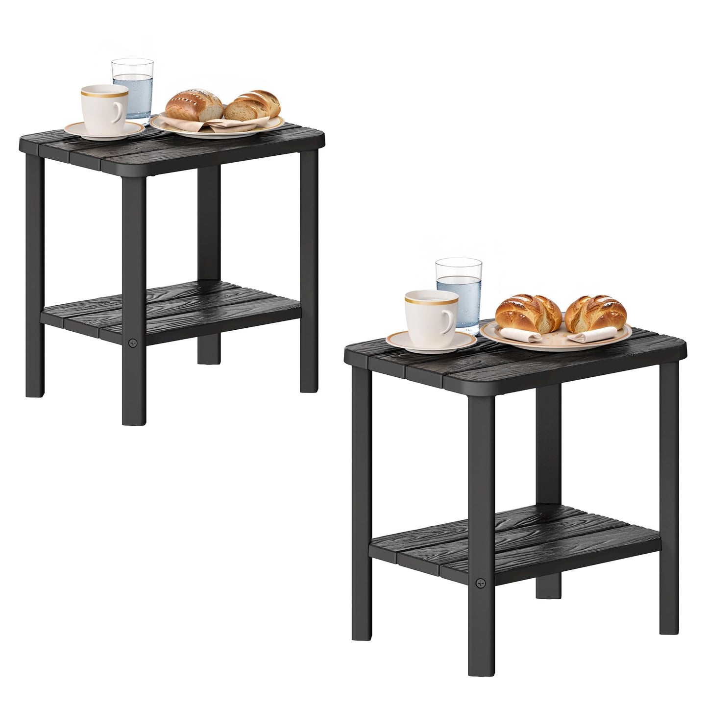 KAMABOKO Outdoor Side Table Set of 2, 2-Tier Adirondack Square Patio Table, HDPE End Tables for Backyard Pool Porch Lawn, Easy Maintenance & Weather Resistant, Black
