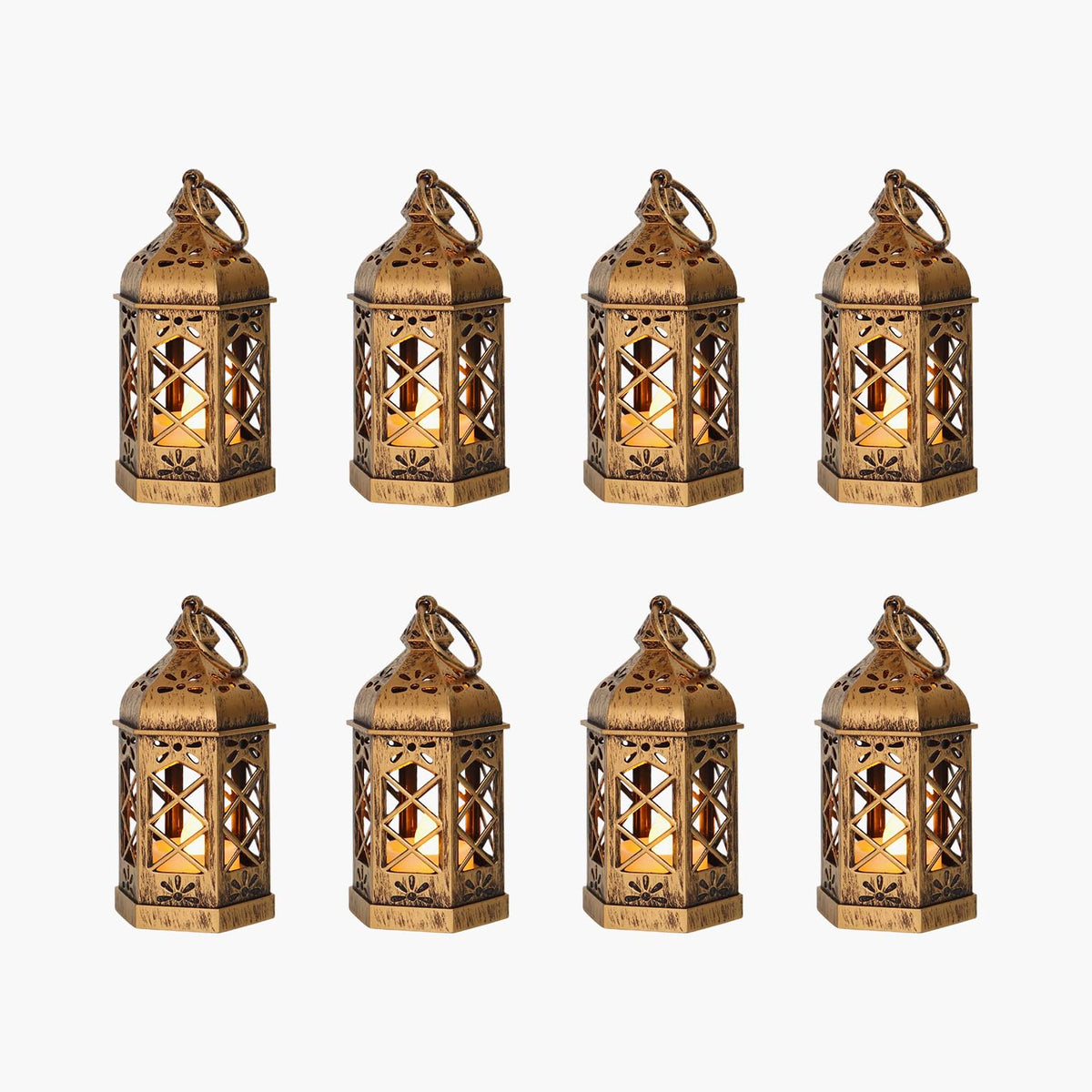 Reperla 8-Pack Mini Lanterns, Small Decorative Lanterns with Flickering LED Candles for Ramadan, Christmas, Wedding, Hanging Moroccan Lantern, Table Centerpiece, Baby Shower Decorations, Bronze