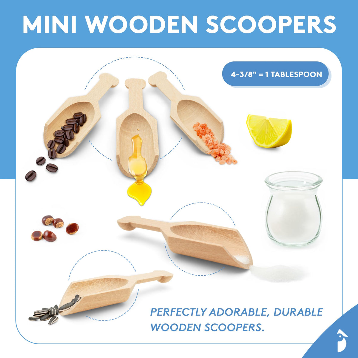 Small Wooden 1 Tablespoon Scoops for Food Canisters & Jars, Table Spoons Measuring Spoon, Wood Manuka Honey Bath Salts, & Coffee Scoop, Mini Candy Scoops for Candy Buffet, Pack of 10 by Woodpeckers