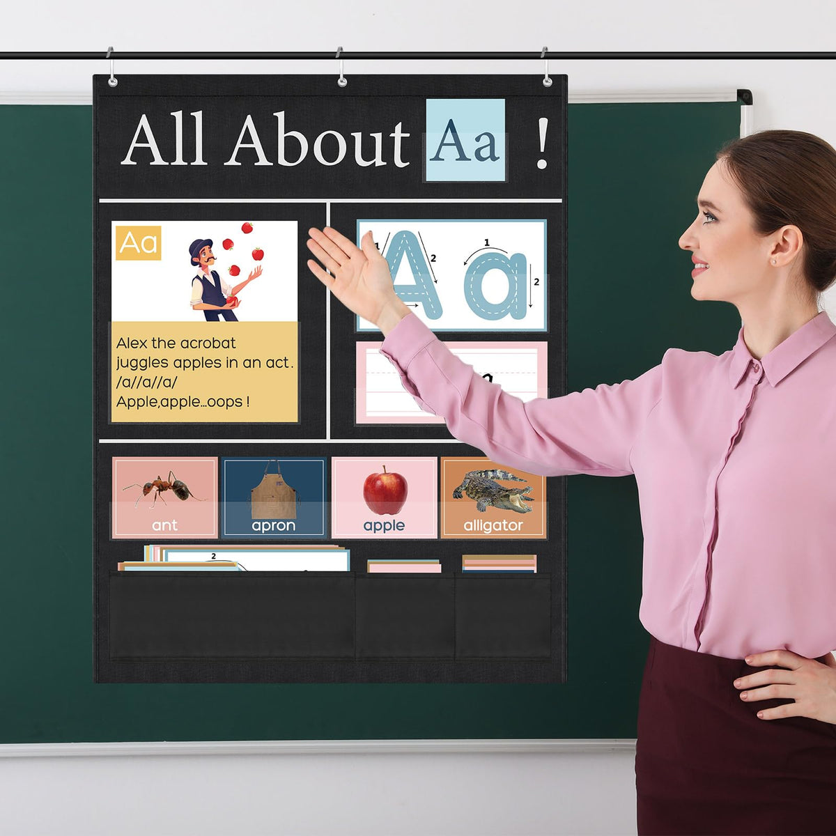 Blosssound 34 x 27 All About Letter Pocket Chart 103 ABC Flash Cards Letter of The Day Week Chart Alphabet Tracing Educational Wall Poster Teachers Homeschool Learning Activities(Black)