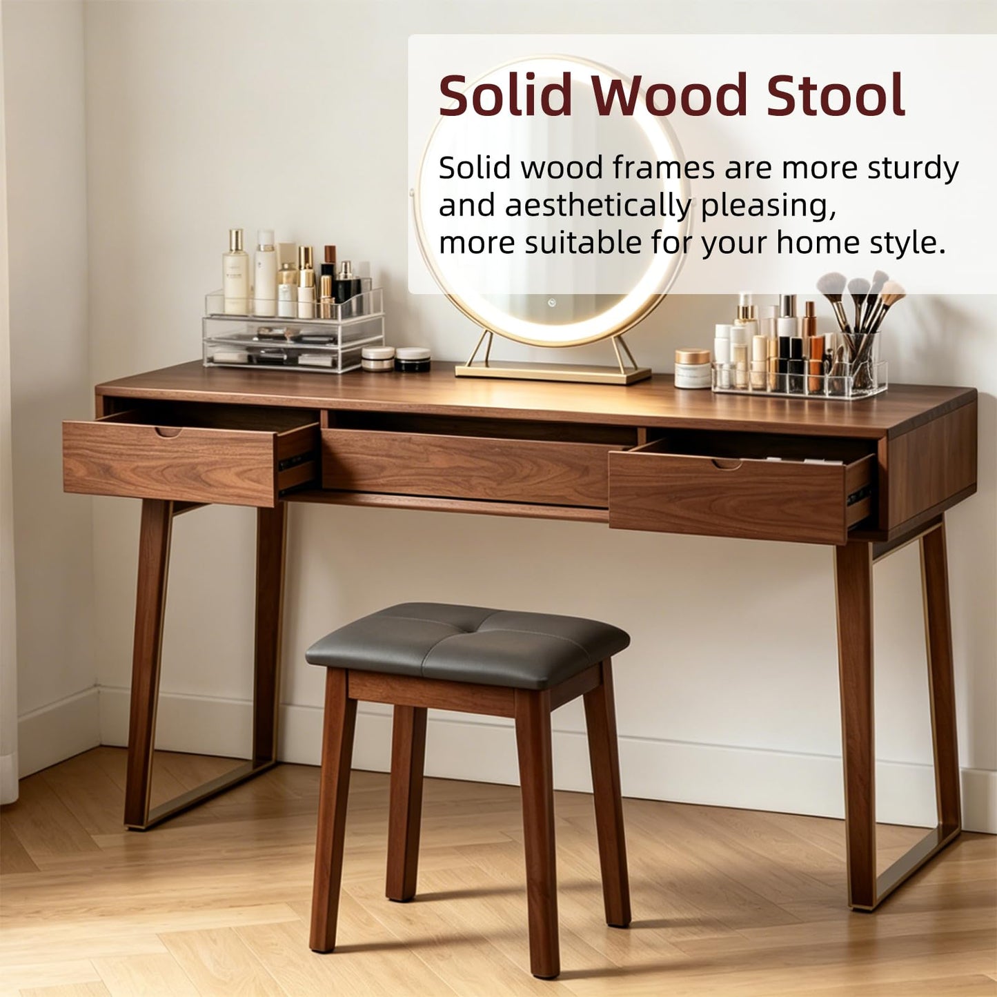 YETEYOW Solid Wood Vanity Stool with Cushion, 11" D x 15" W x 18" H - Small Wooden Ottoman Bench Chair Padded Seat for Bedroom/Living Room/Office/Makeup Vanity/Closet/Desk - Dark Grey