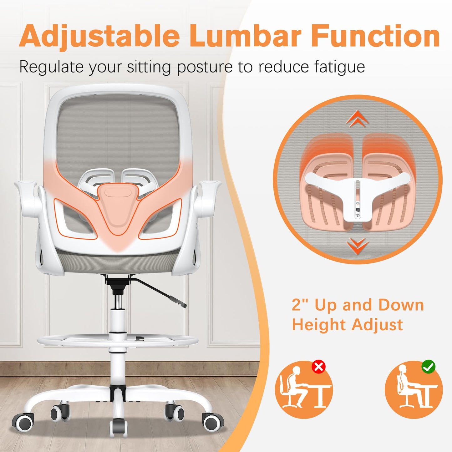 ORRSAKER Drafting Chair, Tall Office Chair with Flip-up Arms, Mesh Ergonomic Computer Standing Desk Chair with Adjustable Height Foot Ring and Lumbar Support, 300 LBS Capacity, Gray