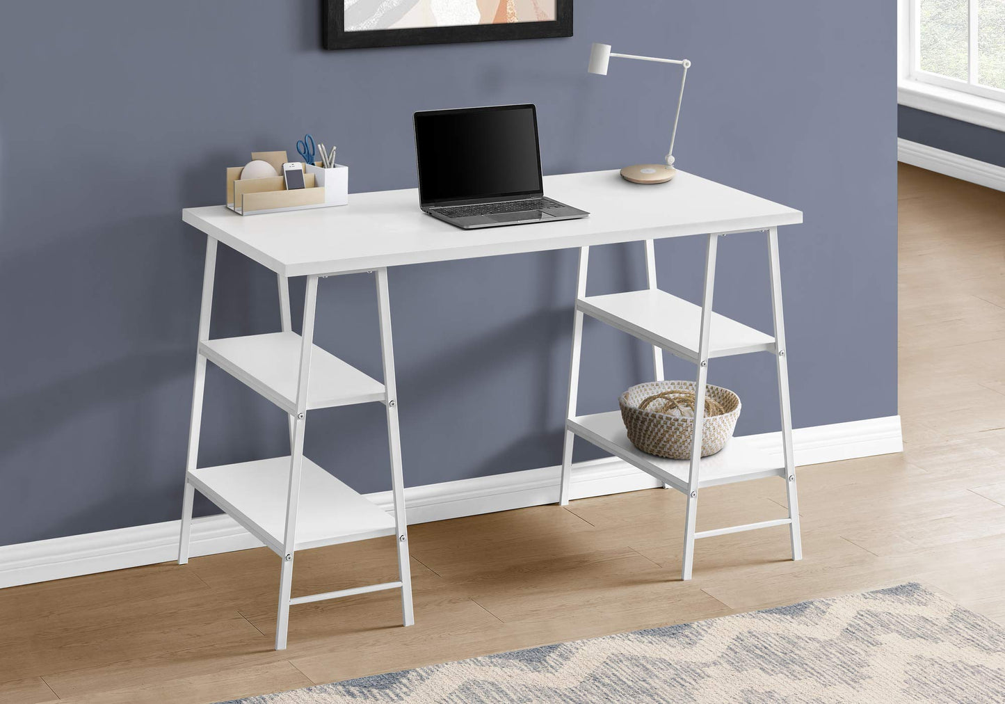 Monarch Specialties I 7521 Computer Desk, Home Office, Laptop, Storage Shelves, 48" L, Work, Metal, Laminate, White, Contemporary, Modern