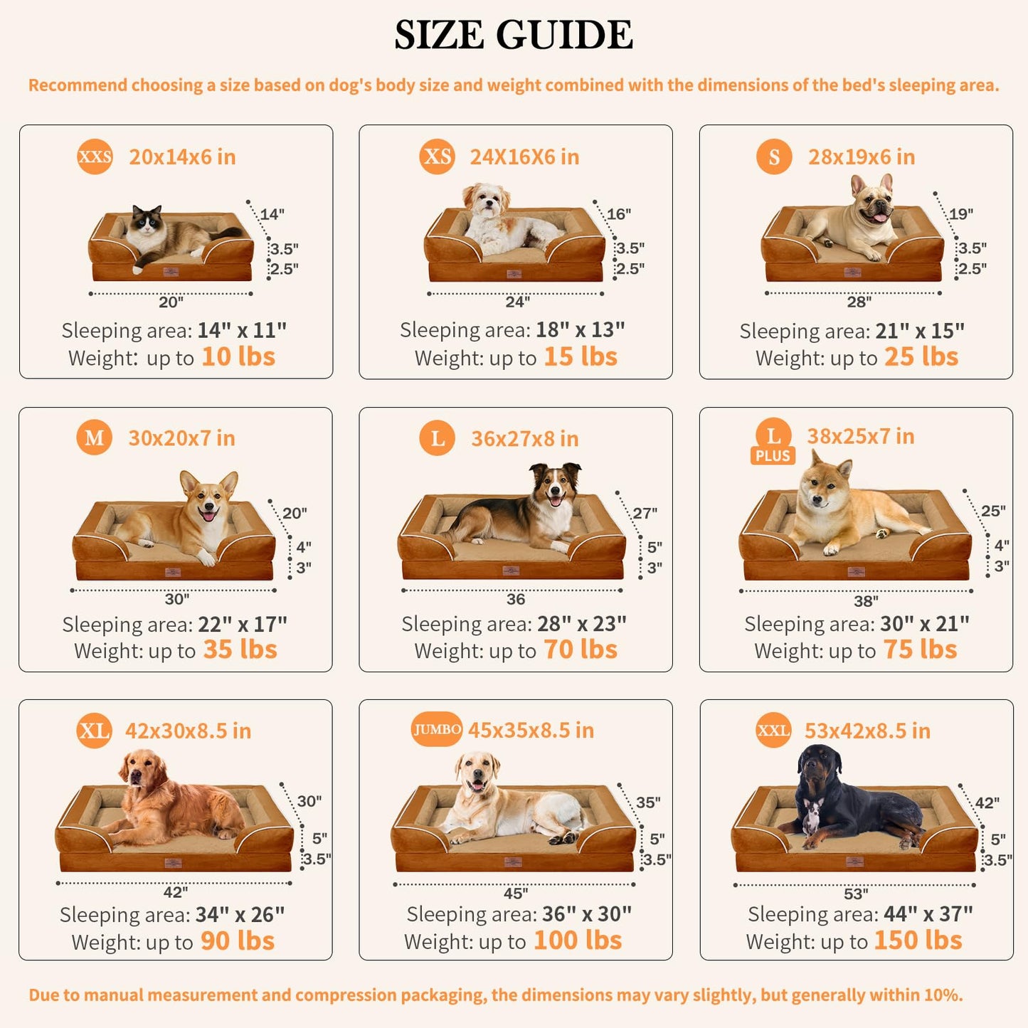 Comfort Expression Orthopedic Dog Bed for Extra Large Dogs 42x30 Inch, Waterproof Supportive Egg Crate Foam XL Pet Bed with Removable Bolsters, Dog Couch with Washable Cover & Non-Slip Bottom, Orange