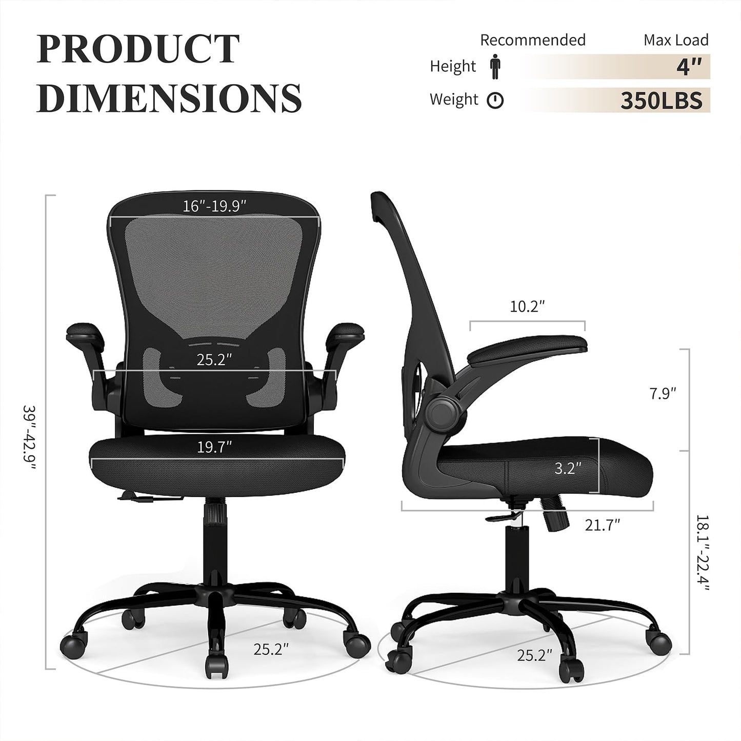 Flysky Mesh Office Chair, Ergonomic Computer Desk Chairs for Home Office - with Comfy/Comfortable Flip-up Arm Rests, Lumbar Support, Height Adjustable, 360 Degree Rolling Swivel (Black)