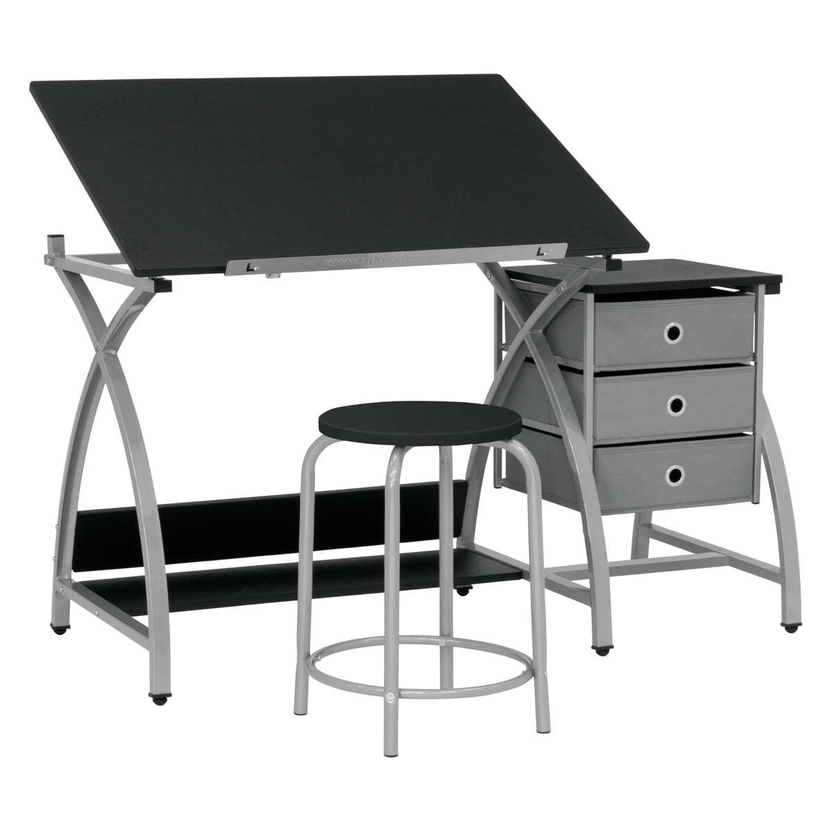 SD Studio Designs 2 Piece Comet Center Plus, Craft Table and Matching Stool Set with Storage and Adjustable Top, Silver/Black