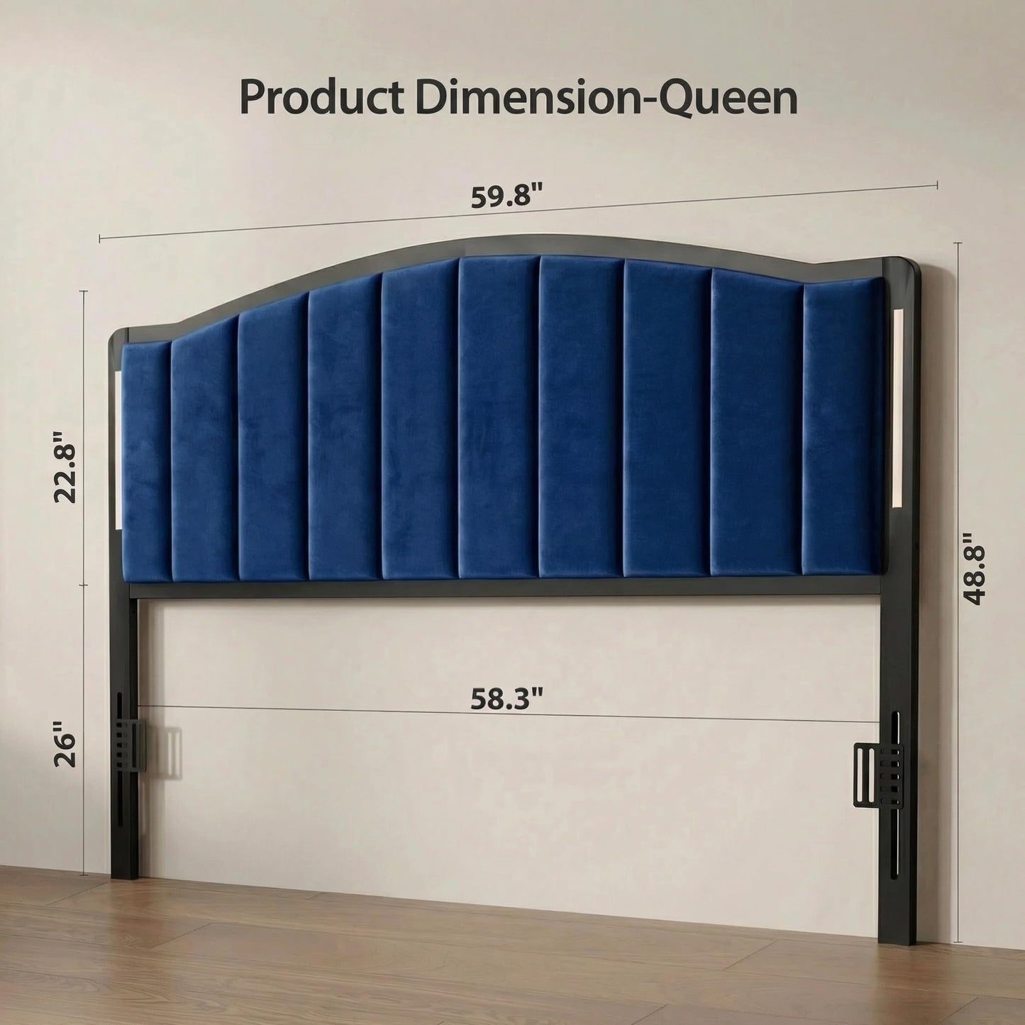 Salamir Headboard for Queen Size Bed with LED Lights, Upholstered Vertical Channel Tufting Head Boards, Velvet Headboard Only, Attach Frame, Ideal for Bedroom, Dorm, Guest Room, Blue