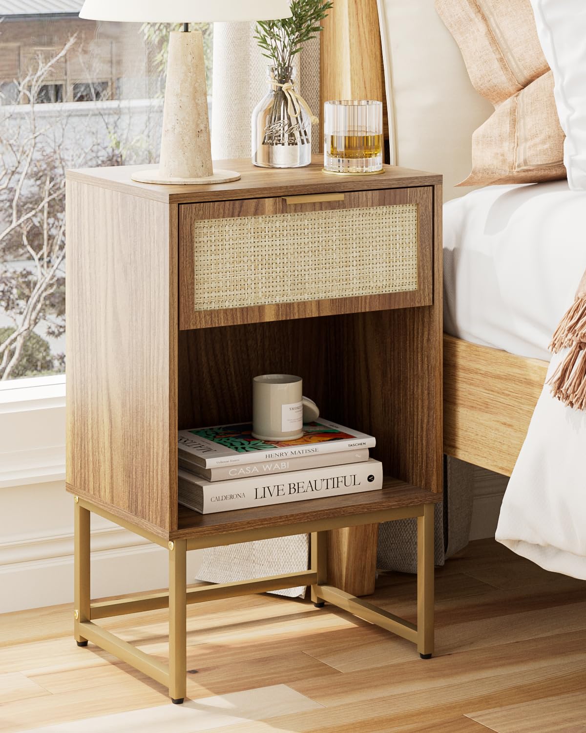 Masupu Rattan Nightstand,Modern Night Stand Boho Farmhouse Wood Bedside Table with Storage Drawer Side End Table for Bedroom, Office,Walnut Brown