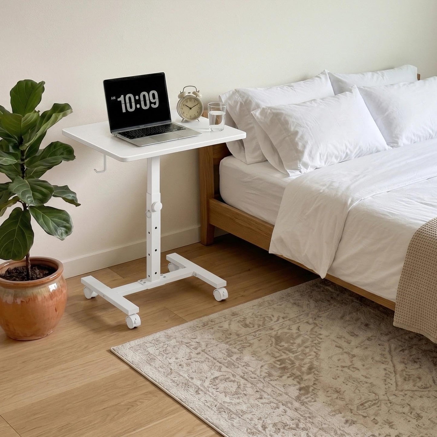 WINAZ Small Portable Rolling Desk Adjustable Height, 24 Inch Mobile Laptop Desk with Wheels for Dorm Room, C-Shaped Table for Sofa and Bed Side, Study Table for Students, White