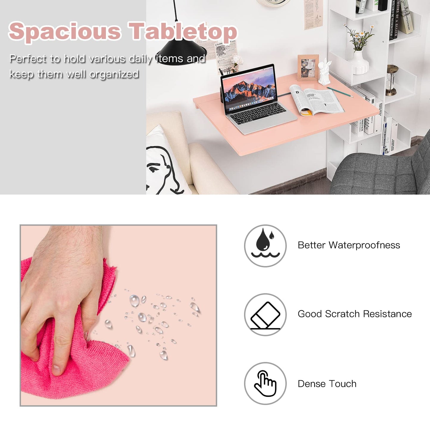 COSTWAY Wall Mounted Folding Table, 31.5" x 23.5" Drop-Leaf Floating Writing Desk for Small Spaces, Space-Saving Fold Down Laptop Workstation for Kitchen, Bedroom, Laundry Room, Study Room (Pink)