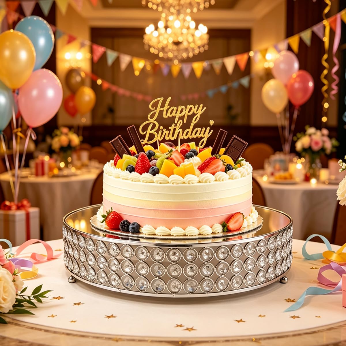 FEICTPOX Metal Cake Stand with Beaded Crystal Display Cake Pedestal,Baking Party Supplies Centerpiece,Silver 16 Inch