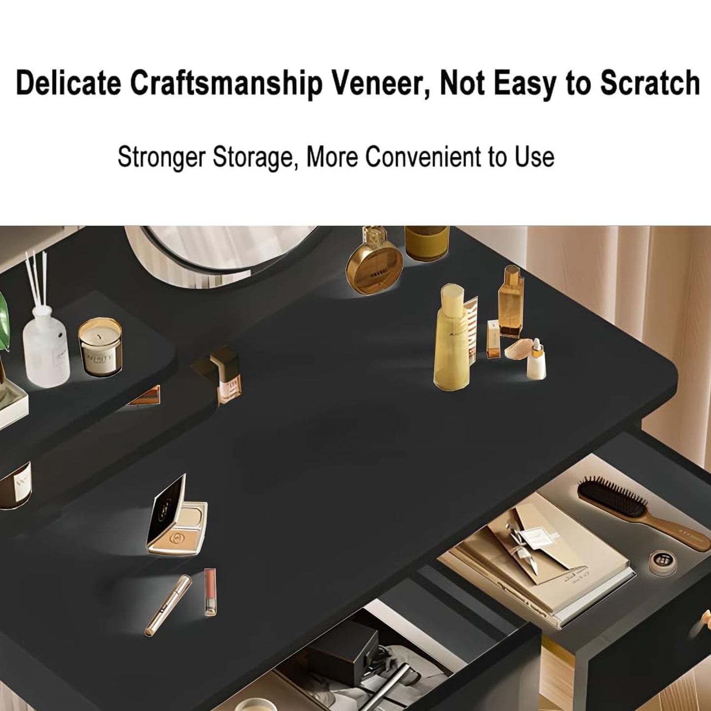 YEYGRIEM Makeup Vanity Table Set with Mirror, Medium Density Fiberboard Modern Makeup Vanity Dressing Desk with 2 Drawers and 2 Shelves, 31.5"(L)*15.7"(W)*47.2"(H), Black (Without Stool)