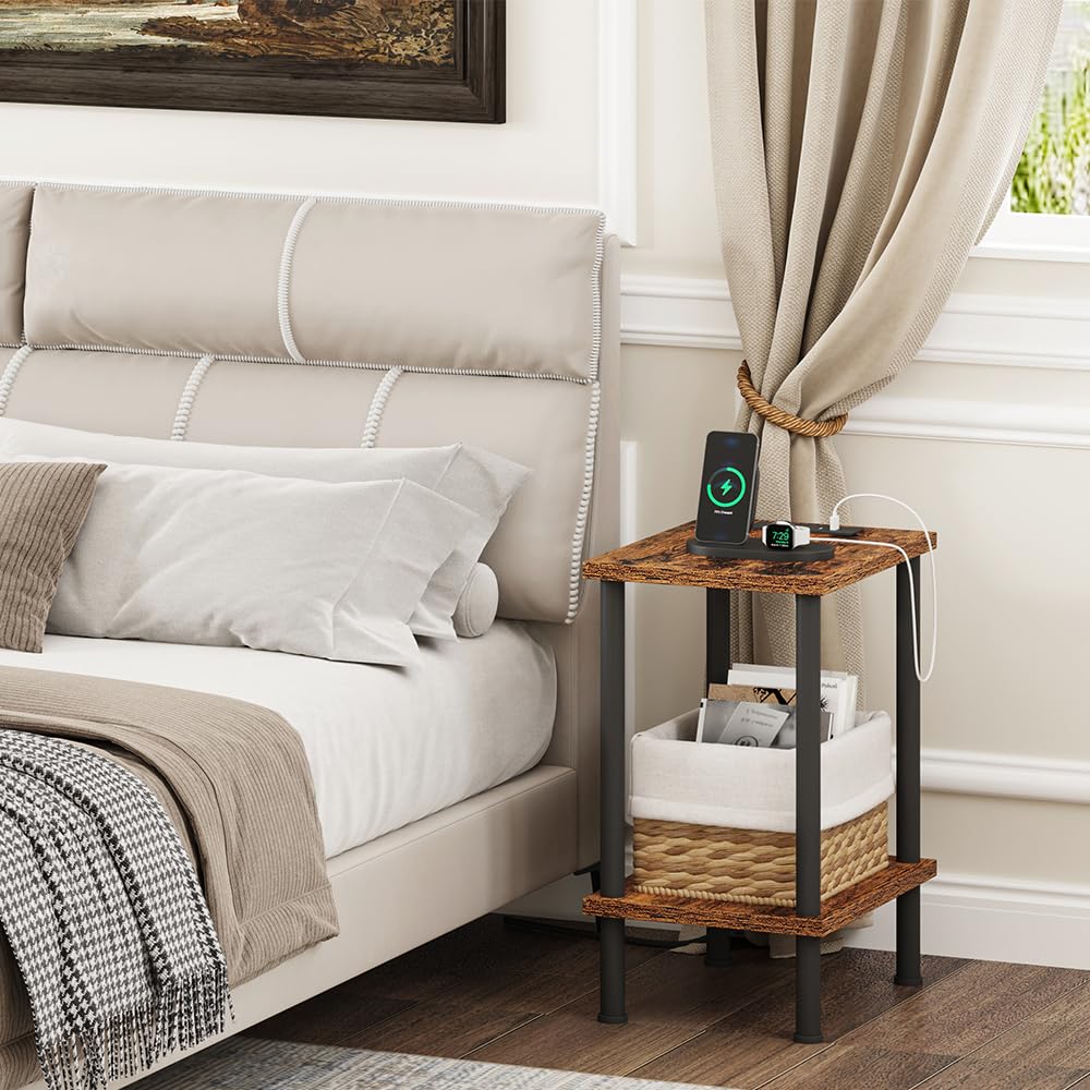 VIMBER Side Table with Charging Station, Set of 2 End Tables with USB Port and Outlets, Nightstands with 2-Tier Storage Shelves and Metal Legs, Sofa Table for Small Space, Living Room, Bedroom