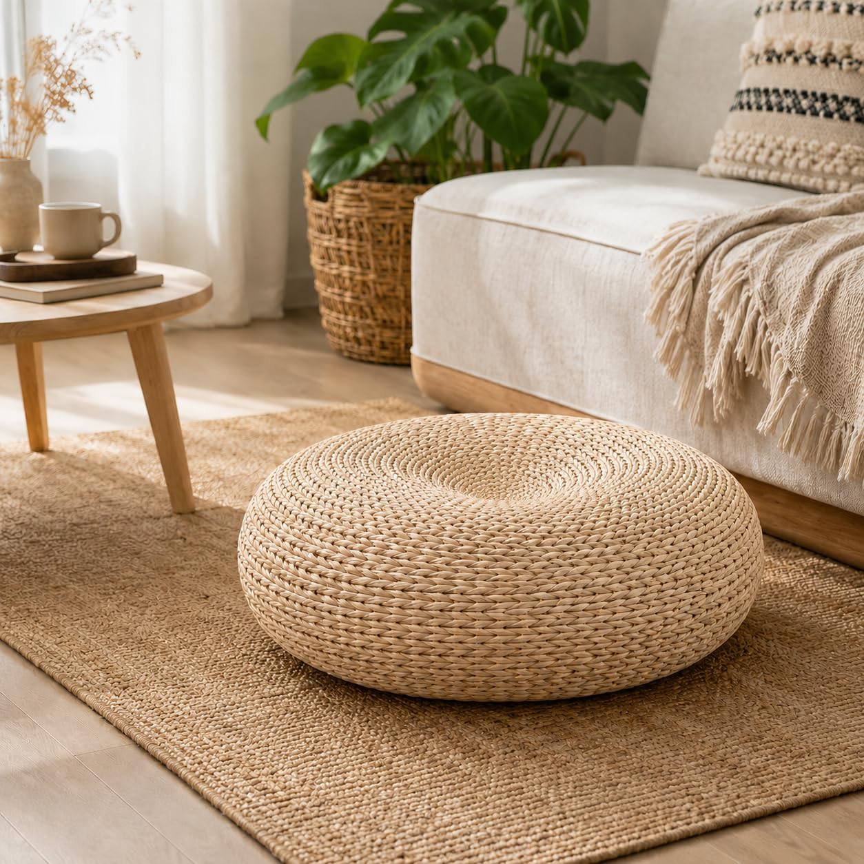 Round Rattan Floor Cushion, Handwoven Wicker Ottoman Foot Stool, Boho Meditation Seat for Living Room & Bedroom, 19.7" Dia x 6.7" H