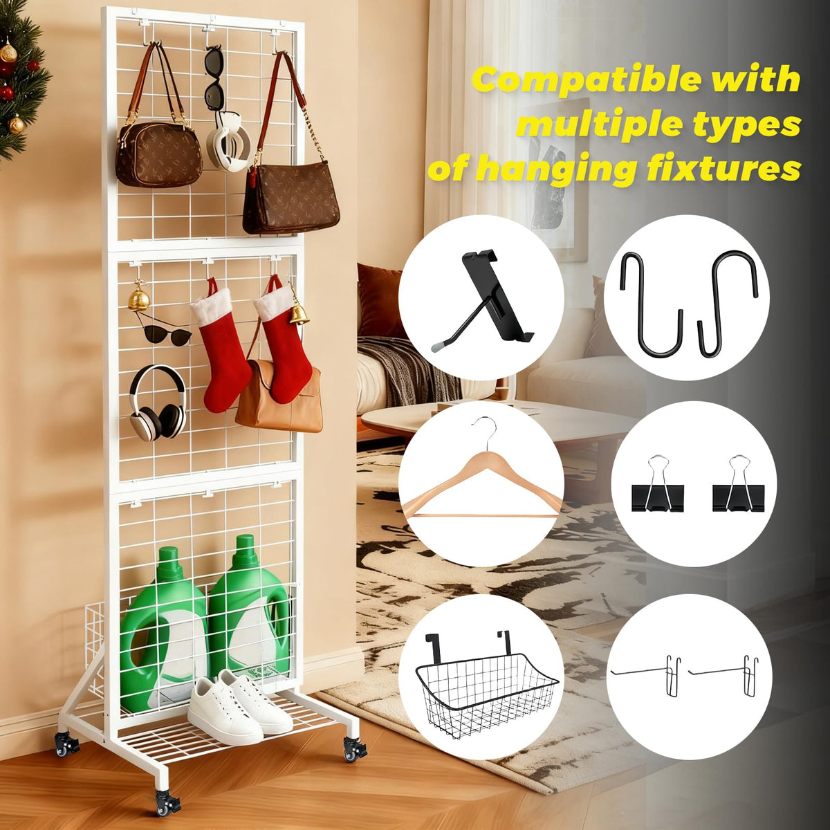 APshouhu Foldable Grid Wall Panels, Gridwall Panels with Folding Baskets, Tool-Free Assembly and Folding, for Storage and Retail Merchandise Display (White)